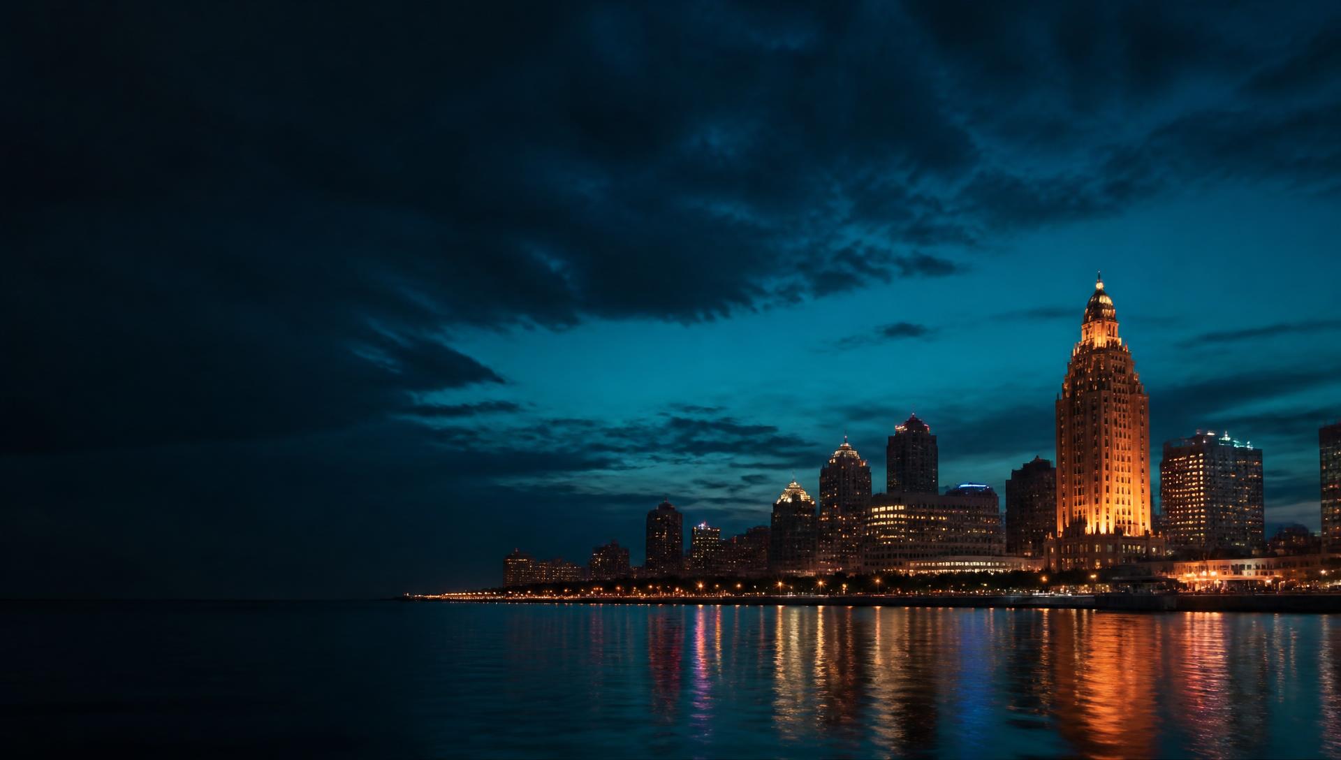 Buffalo, New York skyline at dusk across the water, with City Hall lit up